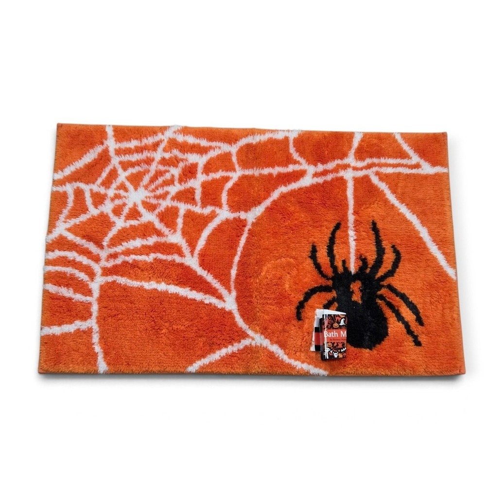 Riviera Home Halloween Spider Web Bath Mat Orange and Black White New